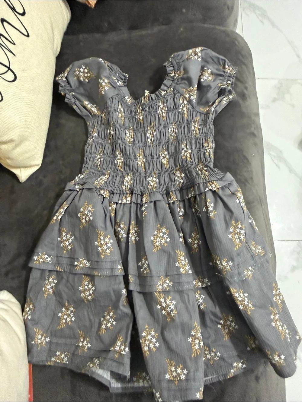 Girls Grey Floral Smocked Tiered Dress